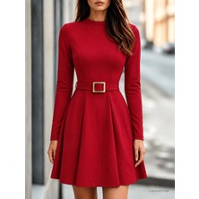 Defy Moda Kadın Uzun Kollu Yarı Balıkçı Yakalı Belinde Toka Detaylı Kısa Modal Elbise