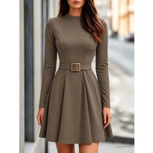 Defy Moda Kadın Uzun Kollu Yarı Balıkçı Yakalı Belinde Toka Detaylı Kısa Modal Elbise