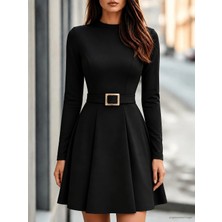 Defy Moda Kadın Uzun Kollu Yarı Balıkçı Yakalı Belinde Toka Detaylı Kısa Modal Elbise
