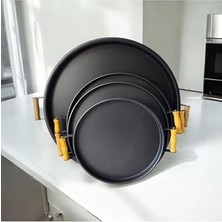 Mey İthalat Eceaksesuar Ahşap Kulplu Metal Tepsi Çay Tepsisi 4'lü (50,40,37,30 Cm) Kahve Tepsisi Sunum Tepsi Seti Siyah 50 x 30