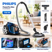 Philips 750 W Yüksek Performanslı Torbasız Elektrikli Süpürge, Yüksek Emiş Gücü, Gelişmiş Siklon Teknolojisi, H13 Filtre, 2 L Hazne ve Dijital Emiş Gücü Kontrolü + Mutfak Tartısı ( Onerous)