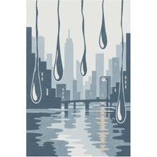 Mey İthalat Yağmur Şehir Silüetli Modern Halı, Makinede Yıkanabilir, Kaymaz Taban, Dijital Baskı Salon, Mutfak ve Yatak Odası Halısı, Mavi, 120X180 cm