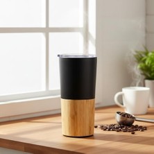 Mey İthalat 600 ml Bambu Tabanlı Çelik Termos Mug - 5 Farklı Renk Seçenekli Sıcak ve Soğuk Tutucu Seyahat Bardağı (Siyah)