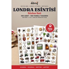 Dekorif Londra ve Ingiltere Sticker Seti 100 Adet - Kırmızı Otobüs Posta Kutusu Çay Vintage Ajanda Çıkartma