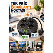 Merwish Akım Korumalı Uzatma Grup Priz 8 Bağlantı Noktalı 1050 Joule 2200W 4'lü Priz 2 USB 2 Type-C 2 Metre Kablolu Sarılabilir Çoklu Priz