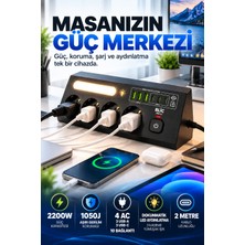 Merwish Akım Korumalı 4'lü Priz, 3 Usb-A 3 Type-C, 10 Girişli, 2200W 1050J, 3 Renk Dokunmatik LED Aydınlatmalı, 2 Metre Kablolu Siyah Masaüstü Priz