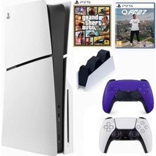Sony Playstation 5 Slim Cdli + 2.kol Dualsense Mor + Şarj Istasyonu + Gta 5 + Ps5 FC27 (Ithalatçı Garantili)