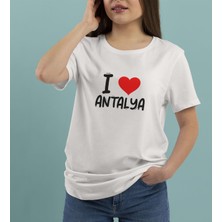Bk Gift I Love Antalya Tasarımlı Kadın Yuvarlak Yaka Tişört-1 x Large