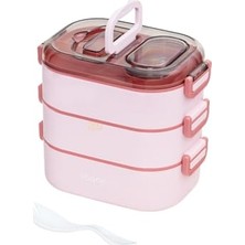 Vagonlife Bento 1450ML Lunchbox Üç Katlı 5 Bölmeli ve Mini Sosluklu Çelik Sefer Tası Yemek Kutusu (Pembe)