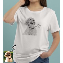Bk Gift Kişiye Özel Karakalem Evcil Hayvan Tasarımlı Kadın Beyaz Tişört-1, Sevgiliye Hediye, Arkadaşa Hediye, Trend T-Shirt Large