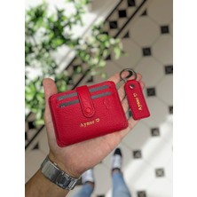 Visso Leather Visso 8600 Hakiki Deri Çıtçıtlı Akordeon Kartlık Kimlik ve Kağıt Para Bölmeli Kişiye Isme Özel Bay Bayan Model ve Anahtarlık Kırmızı Renk