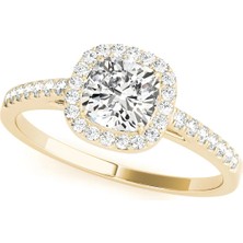 Lial Diamond Yastık Kesim Halo Dört Tırnaklı Yüzük, 1 Karat Merkez Taşlı Laboratuvar Pırlanta Yüzük, 14 Ayar Sarı Altın, BV50919
