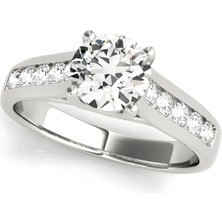 Lial Diamond Yuvarlak Kesim Tektaş Yan Taşlı Yüzük, 1 Karat Merkez Taşlı Laboratuvar Pırlanta Yüzük, 14 Ayar Beyaz Altın, BV84036