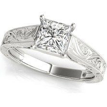 Lial Diamond Prenses Kesim Vintage Dört Tırnaklı Pırlanta Yüzük, 1 Karat Merkez Taşlı Laboratuvar Pırlanta Yüzük, 14 Ayar Beyaz Altın, BV50806