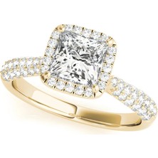 Lial Diamond Prenses Kesim Halo Çok Sıralı Yüzük, 1 Karat Merkez Taşlı Laboratuvar Pırlanta Yüzük, 14 Ayar Sarı Altın, BV51010