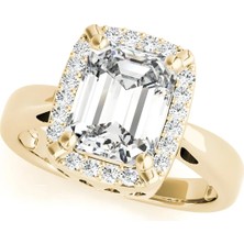 Lial Diamond Zümrüt Kesim Halo Dört Tırnaklı Yüzük, 1 Karat Merkez Taşlı Laboratuvar Pırlanta Yüzük, 14 Ayar Sarı Altın, BV83265