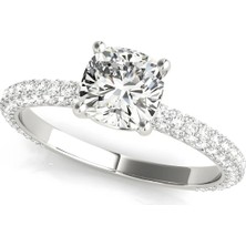 Lial Diamond Yastık Kesim Tektaş Yan Taşlı Yüzük, 1 Karat Merkez Taşlı Laboratuvar Pırlanta Yüzük, 14 Ayar Beyaz Altın, BV51093
