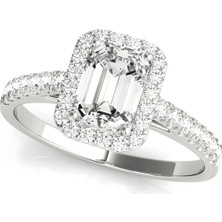 Lial Diamond Zümrüt Kesim Halo Dört Tırnaklı Yüzük, 1 Karat Merkez Taşlı Laboratuvar Pırlanta Yüzük, 14 Ayar Beyaz Altın, BV50921