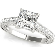 Lial Diamond Prenses Kesim Vintage Dört Tırnaklı Pırlanta Yüzük, 1 Karat Merkez Taşlı Laboratuvar Pırlanta Yüzük, 14 Ayar Beyaz Altın, BV50799
