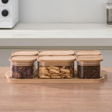 Str Store Amberhaus Bambu Kapaklı Cam Kahvaltılık Seti | Ahşap Standlı | Şık Tezgah Üstü Baharat ve Kuruyemiş Düzenleyici Kavanoz (4'lü ve 6'lı Seçenek) (Bambu, 6'lı Set - Model 2)
