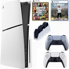 Sony Playstation 5 Slim Cdli + 2.kol Dualsense Silver + Şarj Istasyonu + Gta 5 + Ps5 FC27 (Ithalatçı Garantili)