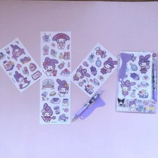 Syn Shop My Melodi Melody Sanrio Kawaii Etiket Sticker Su Geçirmez 4 Sayfa ve Jel Tükenmez Kalem Set Hediye