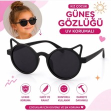 Syn Shop UV400 Korumalı Kız Çocuk Güneş Gözlüğü Kedi Kulak Yuvarlak Model Siyah Hafif Dayanıklı Çocuk Gözlük