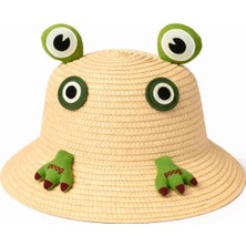 Syn Shop Krem Kurbağa Keroppi 4-10 Yaş Çocuk Bucket Hasır Şapka Yazlık Güneş Koruyucu Kız Erkek Çocuk Plaj