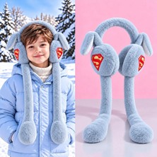 Syn Shop Sevimli Gri Süpermennn Desenli Genç Kız Erkek Çocuk Peluş Oynar Kulak Sesli Hareketli Kışlık Isıtıcı Tavşan Kulaklı Fiyonklu Uzun Kollu Kışlık Kulaklık Şapka