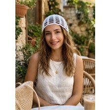 Syn Shop Beyaz File Premium Örgü Bohem Bandana Yazlık Şık Triko Şapka Bere Plaj