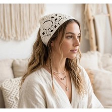 Syn Shop Örgü Üçgen Bandana Krem Saç Bandı Kadın Genç Kız Çocuk Yazlık Bohem Vintage Kore Tarzı Ayçiçek