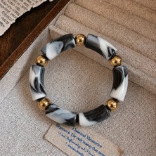 Syn Shop Siyah Beyaz Kemik Mermer Desenli Gold Boncuklu Bohem Vintage Kalın Lastikli Kadın Bileklik Bilezik Zarax Model