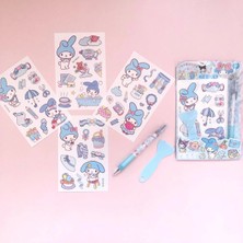 Syn Shop My Melodi Melody Sanrio Kawaii Etiket Sticker Su Geçirmez 4 Sayfa ve Jel Tükenmez Kalem Set Hediye