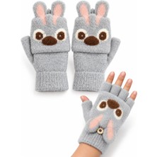 Syn Shop Sevimli Kuala Gri Stitchhh Desenli Kapaklı Parmaksız Angora Örgü Erkek Genç Kız Çocuk Eldiven Kışlık Düğmeli Yarım Parmak Eldiven