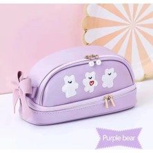 Syn Shop Teddy Ayıcık Tasarımlı Çift Bölmeli Büyük Boy Geniş Deri Kalemlik Kalem Kutu Makyaj Çantası