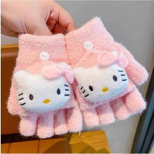 Syn Shop Sevimli Kedi Hello Kittyyy Pembe Desenli Kapaklı Parmaksız Angora Örgü Erkek Genç Kız Çocuk Eldiven Kışlık Düğmeli Yarım Parmak Eldiven