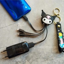 Syn Shop Kuromi Kedi İPhone Micro Type-c Şarj Çoklu Şarz Kablosu Anahtarlık Hediyelik