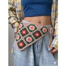 Syn Shop Pembe Yeşil Örgü Ayçiçek Desenli Üçgen Bel Bandanası Kadın Bohem Vintage Yazlık Bel Aksesuarı