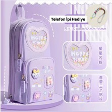 Syn Shop Kawai Sırt Çantası Görünümlü 3dsticker Simli Mor Renk Kore Çok Bölmeli Büyük Kalemlik Kalem Kutu