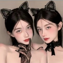 Syn Shop Kedi Kulak Kurdele Siyah Tül Detay Cosplay Anime Gotik Genç Kız Çocuk Bebek Taç Saç Aksesua