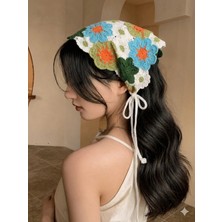 Syn Shop Mavi Yeşil Örgü Üçgen Bandana Papatya Saç Bandı Kadın Genç Kız Çocuk Yazlık Bohem Vintage Kore Tarzı Ayçiçek