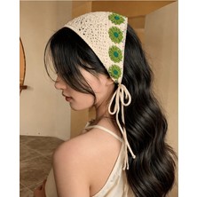 Syn Shop Örgü Üçgen Bandana Yeşil Krem Saç Bandı Kadın Genç Kız Çocuk Yazlık Bohem Vintage Kore Tarzı Çiçek