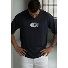 Millionaire Erkek Lacivert Oversize Fit Salaş Kesim T-Shirt Kısa Kol Günlük Stil Grafik Desenli