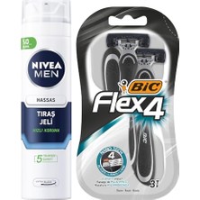 Bomii Men Hassas Tıraş Jeli 200 ml + Bıc Flex 4 Erkek Tıraş Bıçağı 3'lü Blister (4 Bıçak)