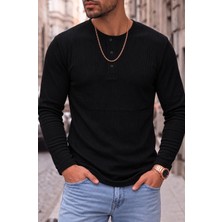 Teenage Millionaire Erkek Siyah Henley Yaka Uzun Kollu Tişört Üç Düğmeli Patlı Fitilli Regular T-Shirt