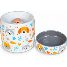 Bomii Otomatik Filtreli Seramik Köpek Su Pınarı ve Mama Kabı 2'li Set Otomatik Filtreli Pompalı Porselen Seramik Su Sebili, 1.3 L, 600 ml Kase, LED Işıklı, Antrasit-Kopek