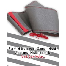 Bomii Süper Deri Kırmızı Yüzüklü Dikişli Direksiyon Kılıfı, Hyundai ile Uyumlu Excel Gri Için