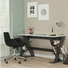 Bomii Lungo Raflı Çalışma Masası, 60X140 Cm, Ofis Masası, Antrasit&beyaz