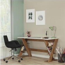 Bomii Lungo Raflı Çalışma Masası, 60X140 Cm, Ofis Masası, Koyu Meşe&beyaz
