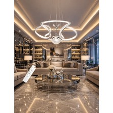 Markatech Calista Beyaz Krom Çizgili Kumandalı Dimmerli Gece Modlu 3 Renk Ledli Avize - Çap 50 cm